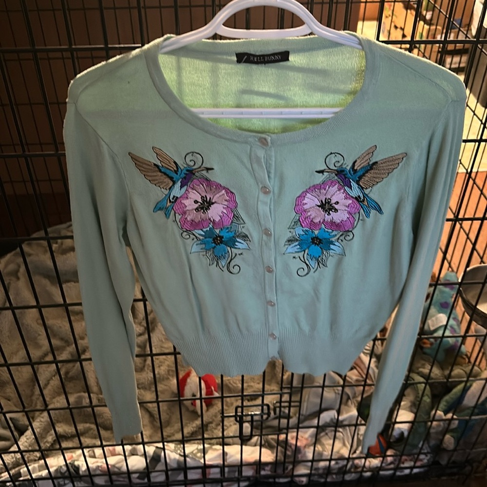 Hell Bunny Mint Cardigan with Floral Embroidery
